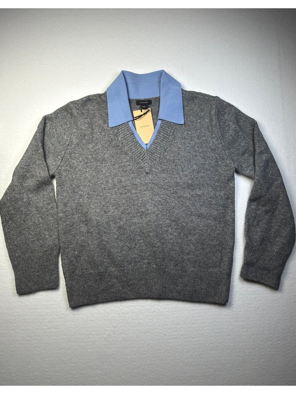 NWT Halogen Sweater Gray Layered Collar V Neck Knit Pullover Small Office Preppy